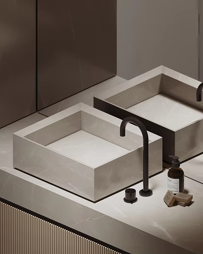 Modern Double Square Marble Washbasin With Black Faucet And Toiletries Soap 3d model