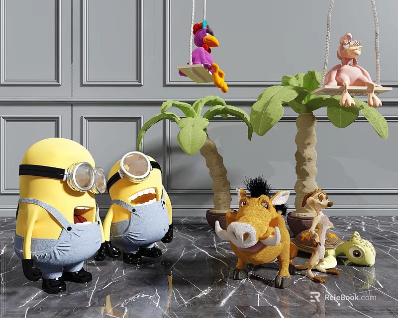 Cute Plush Dolls with Minions Wild Boar Monkey Flamingo on Tree Swing and Gray Wall 3d model 