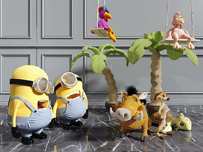 Cute Plush Dolls with Minions Wild Boar Monkey Flamingo on Tree Swing and Gray Wall 3d model