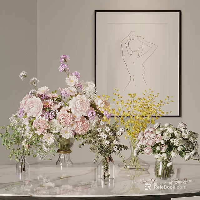 Mixed Pink White and Yellow Flowers Arranged in Clear Glass Vases on Table 3d model 