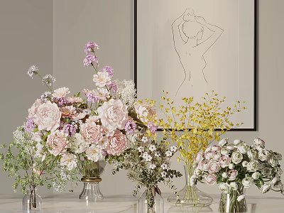 Mixed Pink White and Yellow Flowers Arranged in Clear Glass Vases on Table 3d model