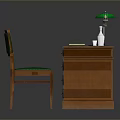 Green Upholstered Office Chair At Wooden Desk With Green Lamp Open Book And Clear Bottle