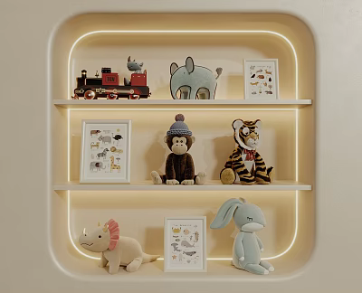 Plush Dolls On Illuminated Shelves With Decorations 3d model