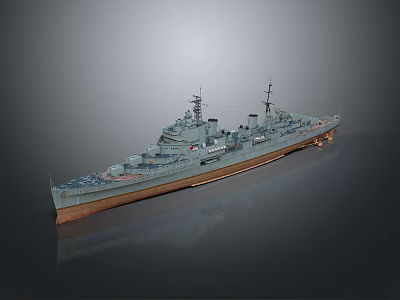 Warship 3D Model Display With Detailed Hull Turret And Deck Equipment On Reflective Surface 3d model