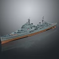 Warship 3D Model Display With Detailed Hull Turret And Deck Equipment On Reflective Surface