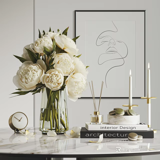 Elegant Home Decor Ornament Combination With White Peony Vase Candles Aromatherapy Clock And Artwork 3d model 