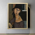 Framed Woman Portrait Painting with Curly Brown Hair Dark Dress and Light Blue Background