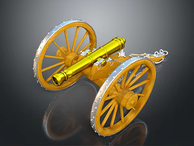 Antique Golden Cannon With Wooden Wheels And Metal Decorations On Dark Background 3d model