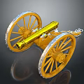 Antique Golden Cannon With Wooden Wheels And Metal Decorations On Dark Background