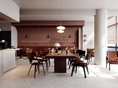 Modern Café Interior With Wooden Wall Dining Tables Chairs Pendant Lights Natural Light Counter 3d model