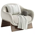 Modern Cozy Accent Chair With Beige Upholstery Striped Cushion Gray Round Pillow And Wooden Base