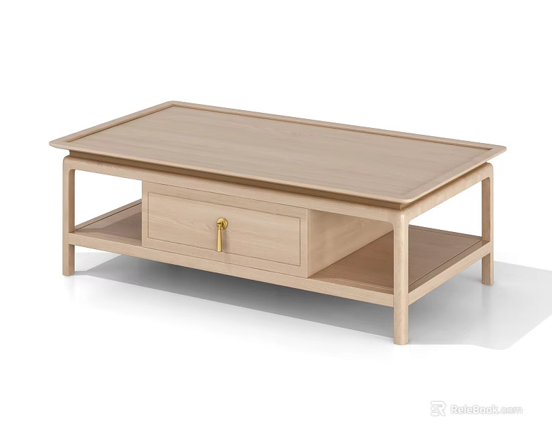 Light Wood Modern Coffee Table With Gold Handle Drawer And Open Shelf 3d model