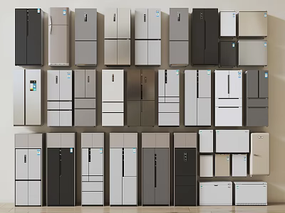 Various Modern Refrigerators And Freezers With Different Colors And Designs For Home Kitchen 3d model