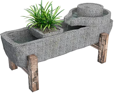 Stone Garden Ornament With Trough Flowing Water Green Plant And Wooden Stand 3d model