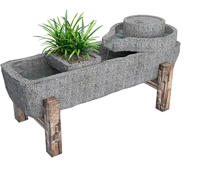 Stone Garden Ornament With Trough Flowing Water Green Plant And Wooden Stand 3d model