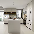 Modern Open Concept Kitchen Interior With White Cabinets Island And Appliances