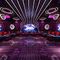 Modern KTV Interior Design With Neon Lights Circular Decorations Leather Sofas And Bar Counter