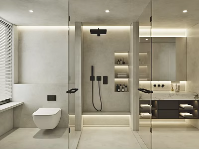 Modern Bathroom Interior With Glass Shower Enclosure Wall Mounted Toilet Vanity And Recessed Shelves 3d model
