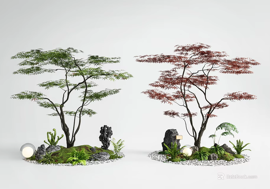 Garden Trees With Green And Red Foliage Surrounded By Small Plants Stones Moss And Lamps 3d model 