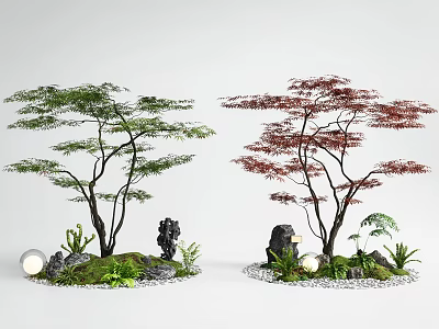 Garden Trees With Green And Red Foliage Surrounded By Small Plants Stones Moss And Lamps 3d model