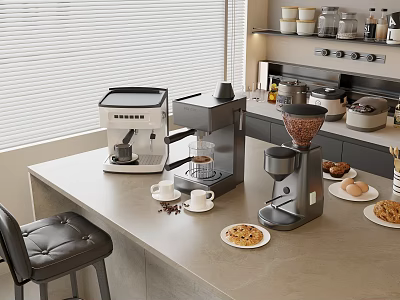 Modern Kitchen Countertop Featuring Coffee Machine Grinder Coffee Cups Cookies And Eggs 3d model