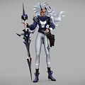 Woman With Silver Hair And Horns In Blue White Outfit Holding Spear With Blue Gem