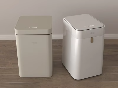 Modern Automatic Trash Cans In Beige And White Colors On Wooden Floor Home Setting 3d model