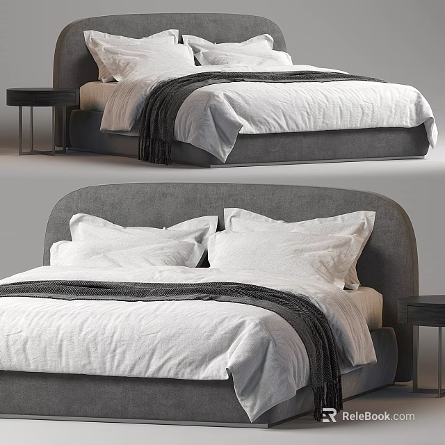 Modern Double Bed Design With Grey Headboard White Sheets Black Blanket And Nightstand 3d model