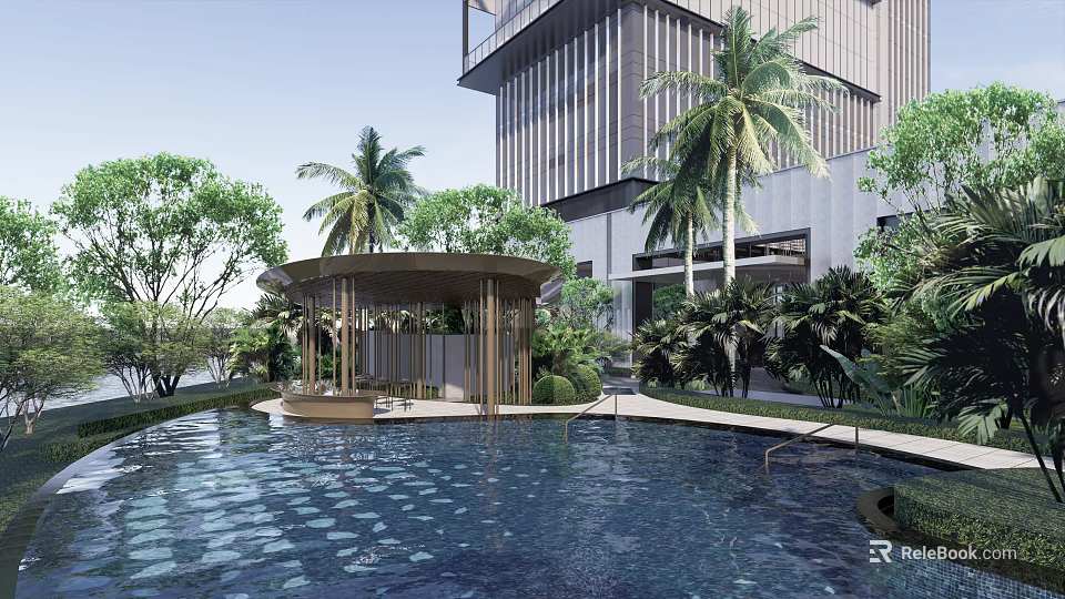 Modern Outdoor Pergola by Swimming Pool with Palm Trees Green Plants and Modern Building 3d model 