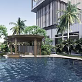 Modern Outdoor Pergola by Swimming Pool with Palm Trees Green Plants and Modern Building