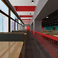 Modern Restaurant Interior With Wooden Tables Chairs Red Green Walls And Pendant Lights