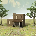 Small Brown House With Two Large Trees Standing on Green Grassland