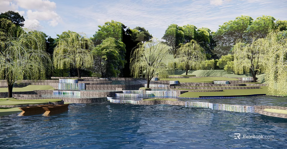 Waterfront Landscape with Terraced Design Willow Trees and Green Lawns Near Water Body 3d model 