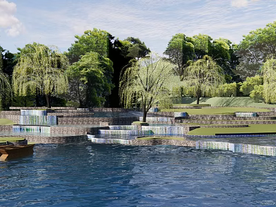 Waterfront Landscape with Terraced Design Willow Trees and Green Lawns Near Water Body 3d model