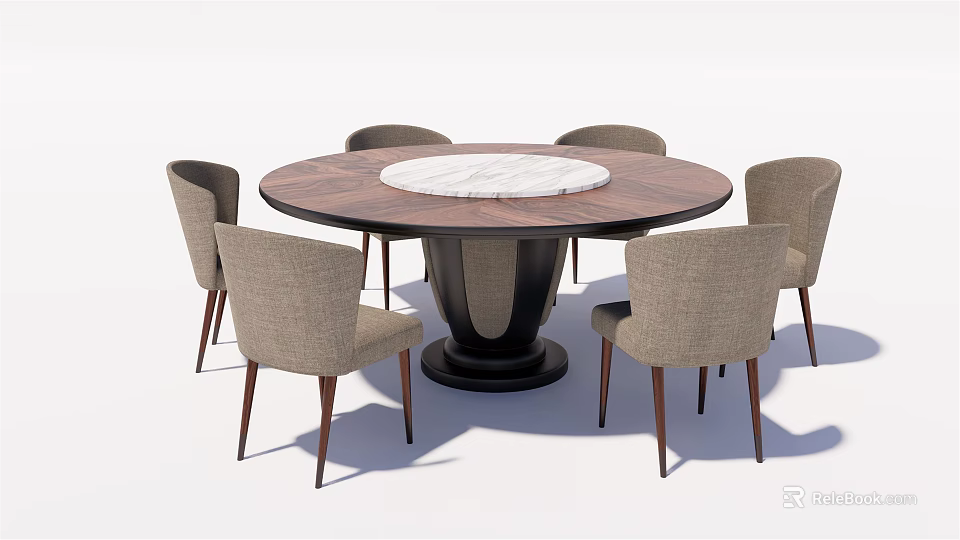 Elegant Round Dining Table Set With Wooden Top Marble Center And Beige Fabric Chairs 3d model 