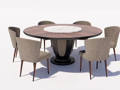 Elegant Round Dining Table Set With Wooden Top Marble Center And Beige Fabric Chairs 3d model