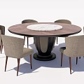 Elegant Round Dining Table Set With Wooden Top Marble Center And Beige Fabric Chairs