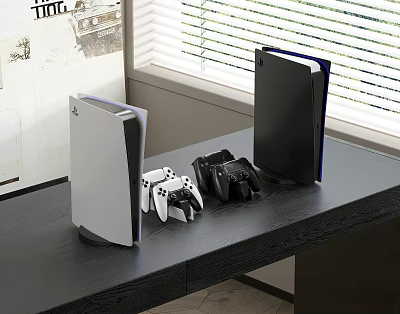 White and Black Game Consoles with Multiple Controllers as Entertainment Electronics on Desk 3d model