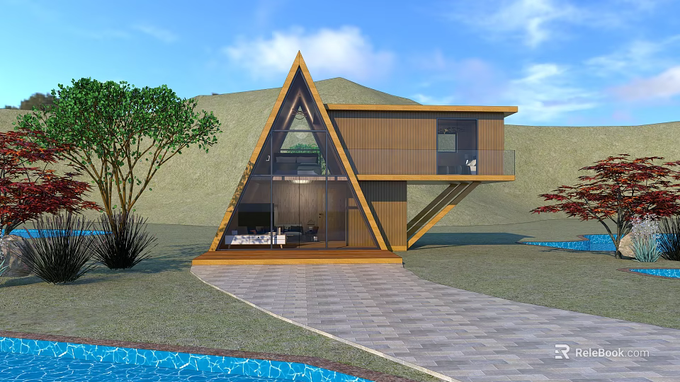 Triangular Wooden House With Modern Design Wooden Exterior Balcony Swimming Pool And Lawn Trees 3d model 