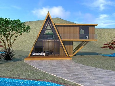 Triangular Wooden House With Modern Design Wooden Exterior Balcony Swimming Pool And Lawn Trees 3d model