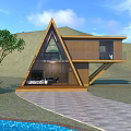 Triangular Wooden House With Modern Design Wooden Exterior Balcony Swimming Pool And Lawn Trees