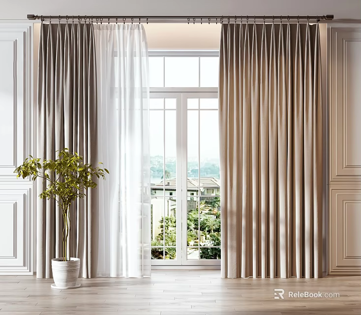 White Sheer And Beige Large Window Curtains With Decorative Walls Green Plant Outdoor View 3d model 