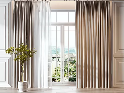 White Sheer And Beige Large Window Curtains With Decorative Walls Green Plant Outdoor View 3d model