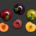 Fresh Red Yellow Purple Peaches And Plums With Green Leaves Whole And Sliced
