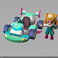 Cartoon Character With Blonde Hair By Turquoise Go Kart With Pink Spoiler And Purple Wheels