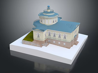 Detached Villa With Blue Roof Dome Structure Light-Colored Walls Windows And Green Lawn 3d model