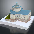 Detached Villa With Blue Roof Dome Structure Light-Colored Walls Windows And Green Lawn
