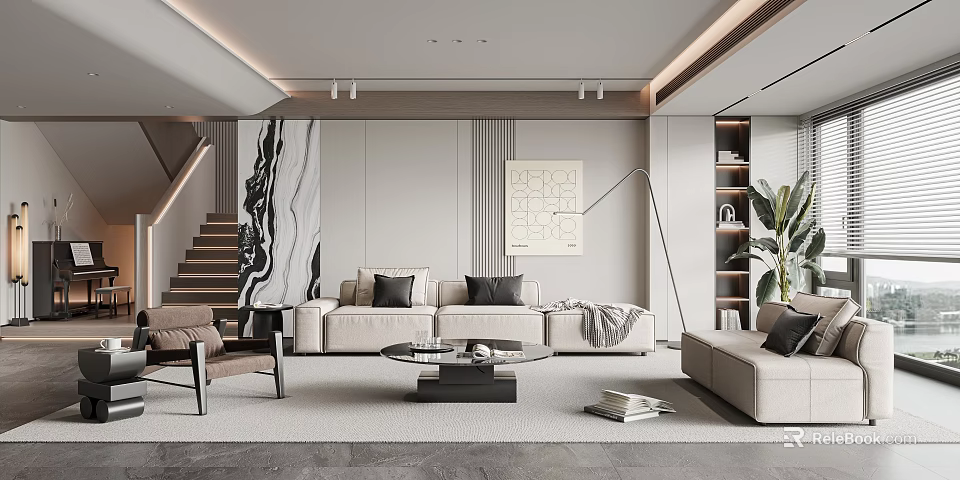 Modern Living Room Interior With Beige Sofa Coffee Table Decorative Artwork Floor Lamp And Plant 3d model 