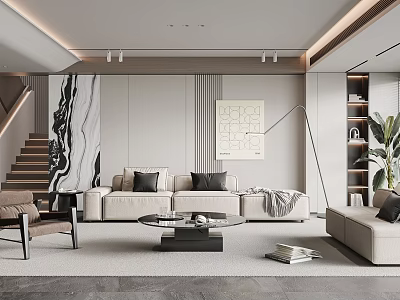 Modern Living Room Interior With Beige Sofa Coffee Table Decorative Artwork Floor Lamp And Plant 3d model