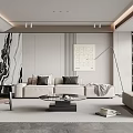 Modern Living Room Interior With Beige Sofa Coffee Table Decorative Artwork Floor Lamp And Plant